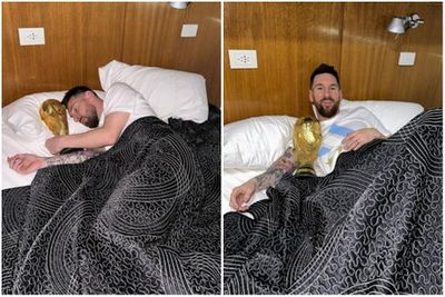 ‘Good morning!’ Lionel Messi cuddles World Cup trophy in bed after arriving back in Argentina for parade