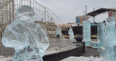 Russian Christmas decorations include eerie ice sculptures of soldiers and 'Z' symbol