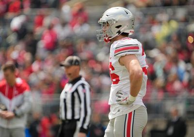 Ohio State freshman linebacker Gabe Powers sheds black stripe