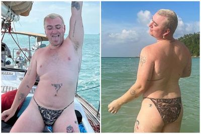 Sam Smith oozes body confidence in a tiny pair of animal print bikini bottoms on a yacht holiday