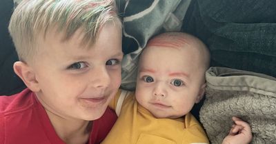 Boy scribbles combover and brows on baby brother with orange marker - so 'he's not left out'