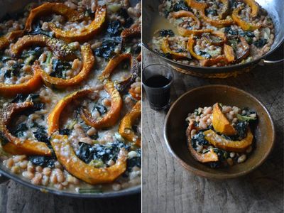 Rachel Roddy’s recipe for pumpkin, beans, greens and cheese