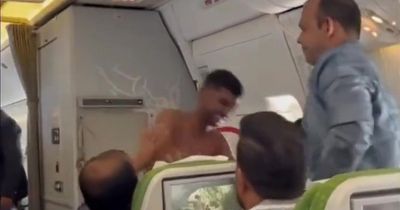 Topless thug brawls with another passenger on packed plane in row over seats