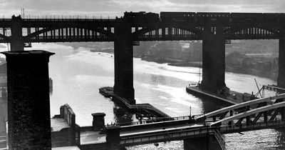 A sunset over the River Tyne and two famous bridges 85 years ago