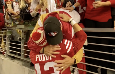 49ers’ Brock Purdy shared emotional hugs with his family after breaking an NFL playoff rookie record