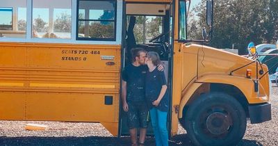 Couple convert American school bus into home just in time to give birth in it