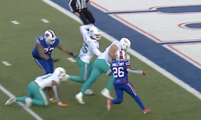 The Dolphins defense scored an awesome big-man TD after a wild strip sack of Josh Allen