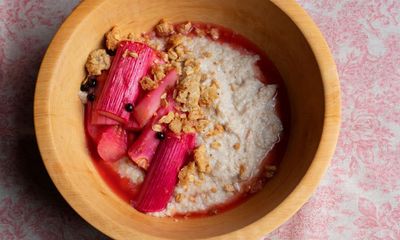 Nigel Slater’s recipes for rhubarb with porridge, and sweet, hot chard