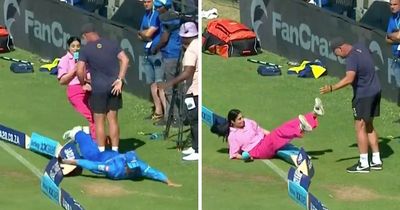 Reporter taken out mid-interview as diving fielder attempts to save boundary in SA20