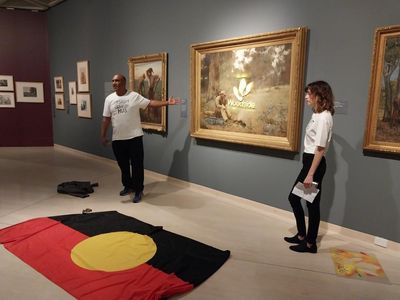 Frederick McCubbin painting defaced with Woodside logo in protest at Art Gallery of Western Australia