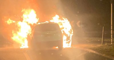 Car bursts into flames after 'exploding' on busy Greater Manchester road