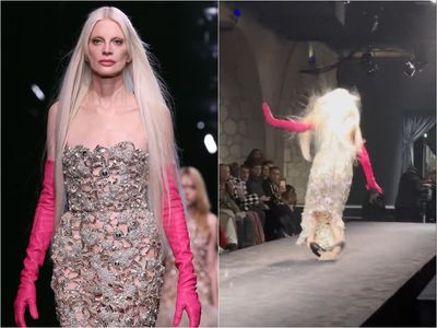 Valentino criticised after model Kristen McMenamy falls in heels on runway