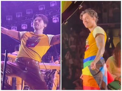 Harry Styles suffers wardrobe malfunction as pant rips on-stage; singer continues show after tying pride flag aground waist