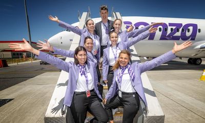 Purple budgie smugglers and Chekhov on tap as Bonza the ‘bogan airline’ finally takes to the skies
