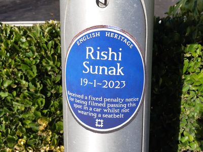 Pranksters erect ‘blue plaque’ commemorating Rishi Sunak’s seatbelt fine