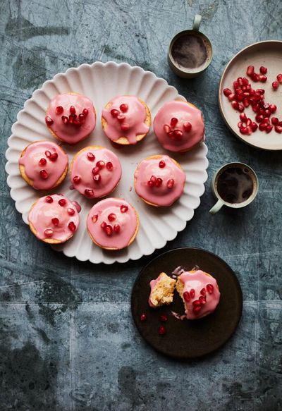 Ravneet Gill’s recipe for lemon and poppyseed cakes with pomegranate icing