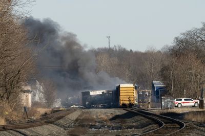 US cargo train derails, causing huge fire and leaking hazardous gas