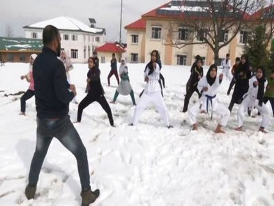 Kashmir Girls Practice Martial Arts Barefooted Amid Heavy Snowfall