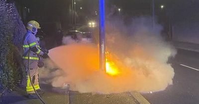 Dublin Fire Brigade tackle Mulhuddart blaze as telephone pole goes up in flames