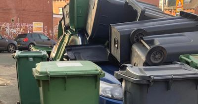 Baffling photo of wheelie bins stacked on top of car in Leeds street has people in hysterics