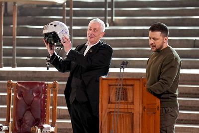 ‘We have freedom, give us wings to protect it’: Zelensky gifts Ukrainian pilot’s helmet during UK visit