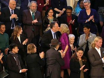 Jill Biden mocked over awkward kiss with Doug Emhoff at State of the Union