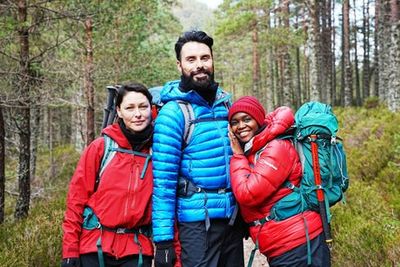 Emma Willis, Rylan Clark and Oti Mabuse huddle in tent to keep warm on first night of mountain challenge
