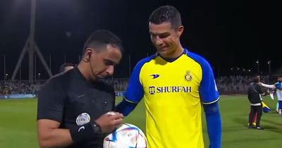 Cristiano Ronaldo awarded penalty by referee and then asks him to sign hat-trick ball