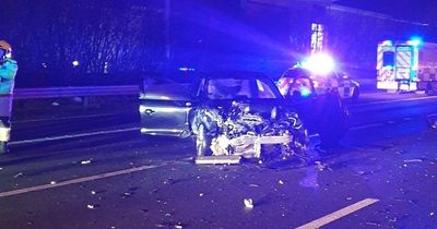 Audi obliterated in M62 crash as woman arrested on suspicion of drink driving