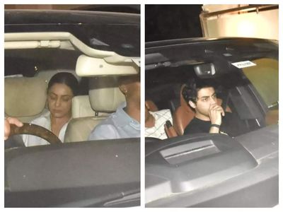 Shah Rukh Khan steps out with Aryan Khan and Gauri Khan as he visits his manager Pooja Dadlani's new residence - WATCH videos