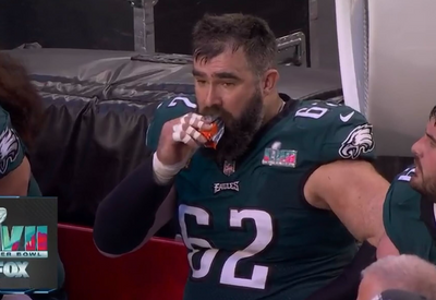 Jason Kelce eating a snack while Travis Kelce scored a touchdown became a perfect Super Bowl meme