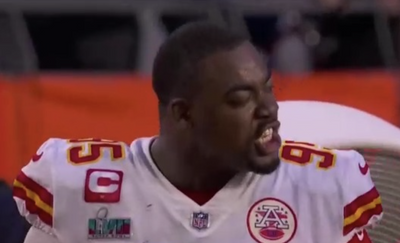 Chris Jones was fuming on the sidelines after Jalen Hurts’ second Super Bowl TD