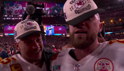 Travis Kelce delivered yet another WWE-style postgame interview after winning Super Bowl