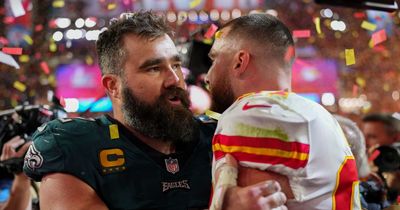Kelce brothers Travis and Jason embrace after Kansas City Chiefs beat Philadelphia Eagles in Super Bowl 2023