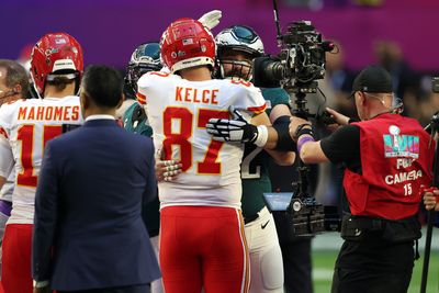 Video of Jason Kelce showed he supportively stayed on the field to watch Travis celebrate Chiefs Super Bowl win