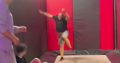 Horrifying moment dad's leg SNAPS IN HALF after he lands awkwardly on trampoline