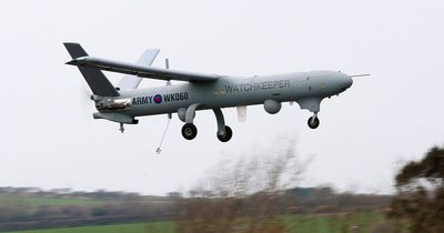 British Army unmanned military drone circling off coast
