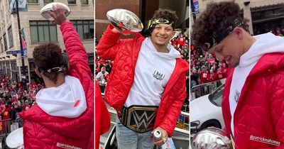Patrick Mahomes wears WWE belt and chugs beer at wild Kansas City Chiefs Super Bowl parade