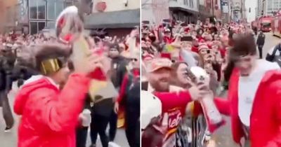 Super Bowl champion Patrick Mahomes leaves trophy with fan after chugging beers at parade