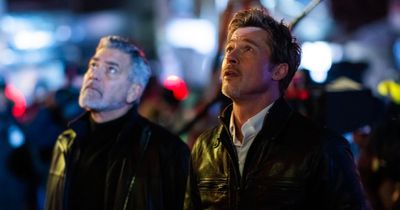 Brad Pitt and George Clooney twin in stylish leather jackets as they shoot new film