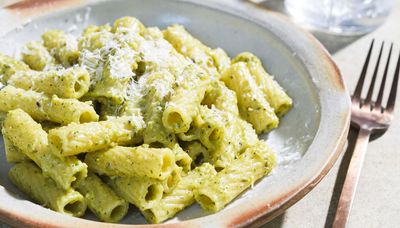 Blended Sicilian pesto makes this pasta dish a breeze