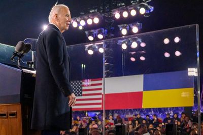 In warzone and Warsaw speech, Biden touts US strength -- and his own