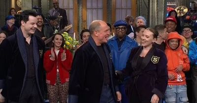 SNL host Woody Harrelson given five-timers jacket by Scarlett Johansson in surprise cameo