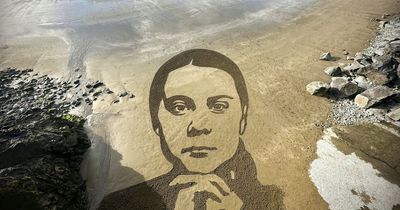 Artist creates sand sketch of Greta Thunberg - using two rakes and a stick