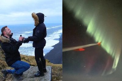 Newly betrothed see northern lights on flight home after foiled aurora proposal