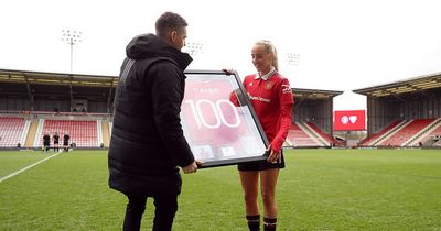 Marc Skinner hands Millie Turner award as WSL star becomes Manchester United's third centurion