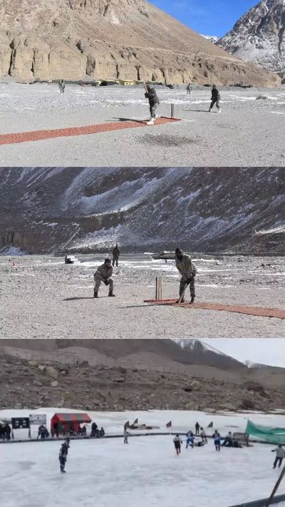 Indian army soldiers playing cricket, ice hockey in Galwan