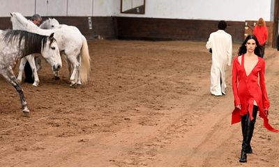 ‘My clothes haven’t killed anything’: Stella McCartney says it with horses on Paris runway