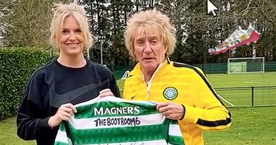 Rod Stewart and wife Penny use signed Celtic strip to promote football charity for disadvantaged kids