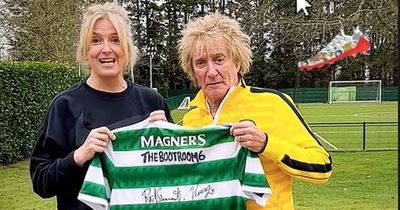 Rod Stewart poses with Celtic top as rocker promotes football charity